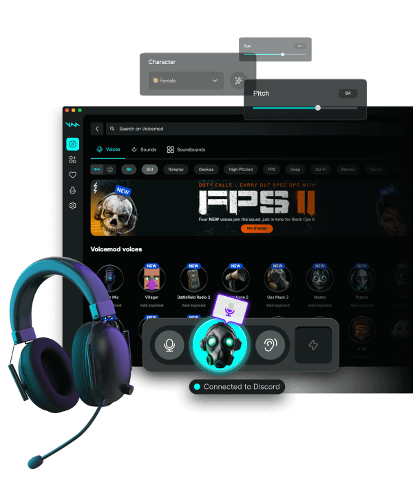 Voicemod Pro desktop — voices, soundboard, Connected to Discord